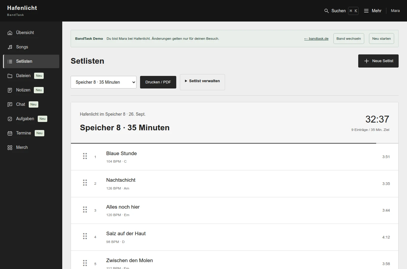 Setlist mit Songs und Spielzeiten in der Hafenlicht-Demo